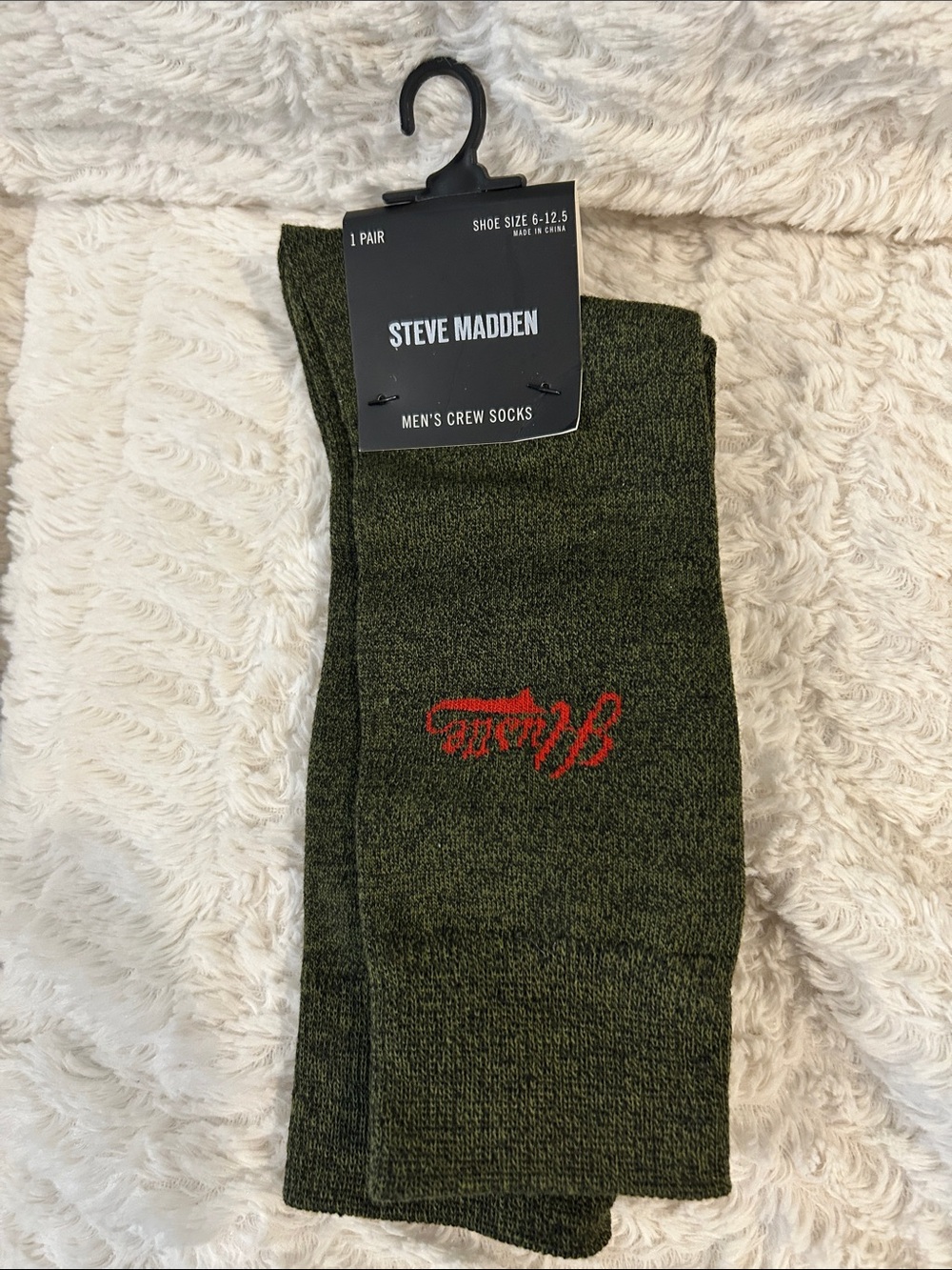Steve Madden Olive Crew Socks with Red Embroidered Logo